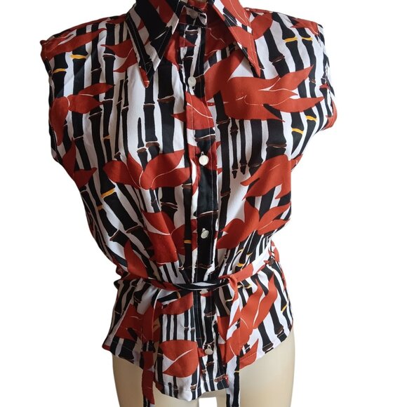 Women's Medium Vintage 70's Sleeveless Button-Up Floral Stripe Print Polyester - Picture 1 of 6